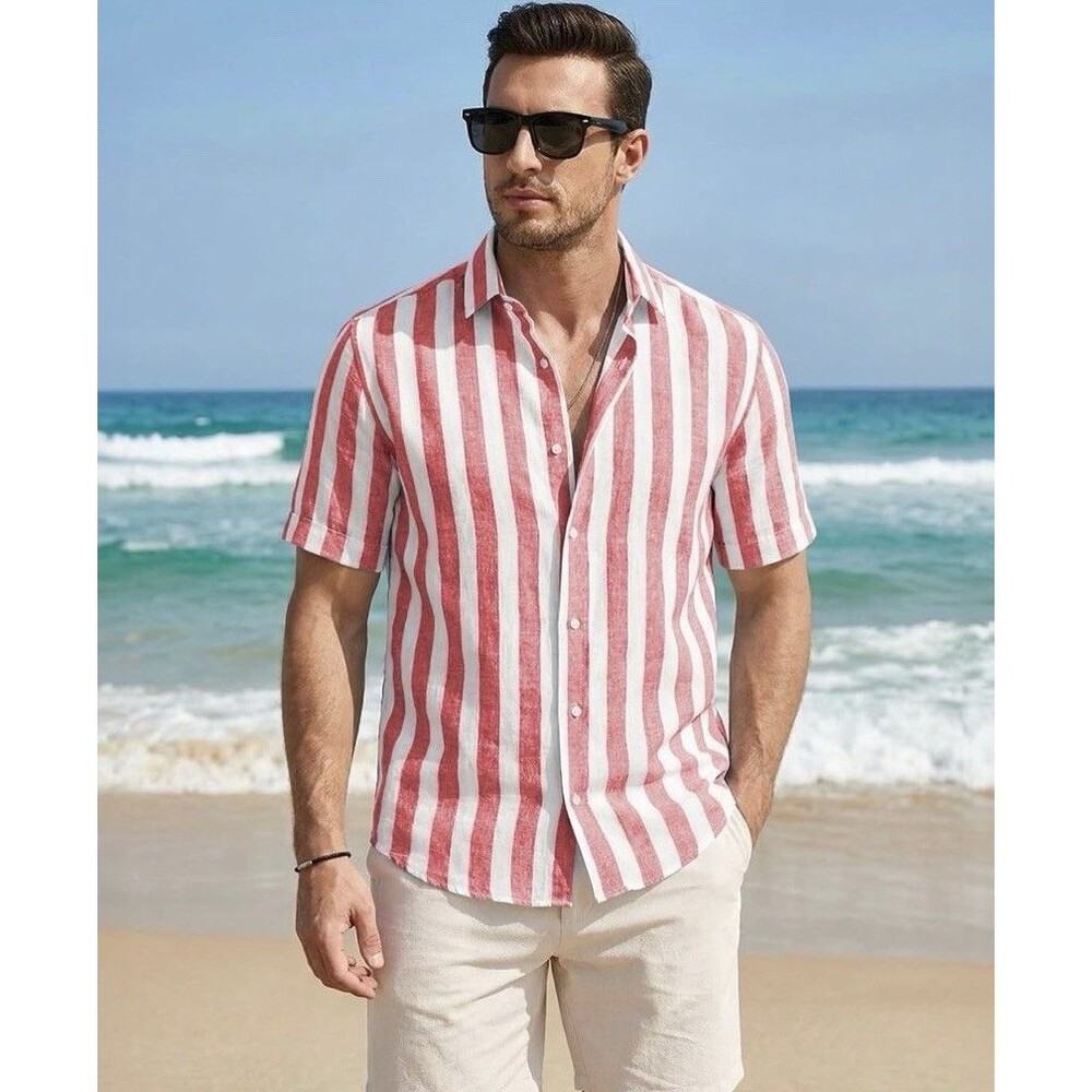 2 XL JMIERR Men's Casual Red White Stylish Short Sleeve Button-Up Striped Shirt